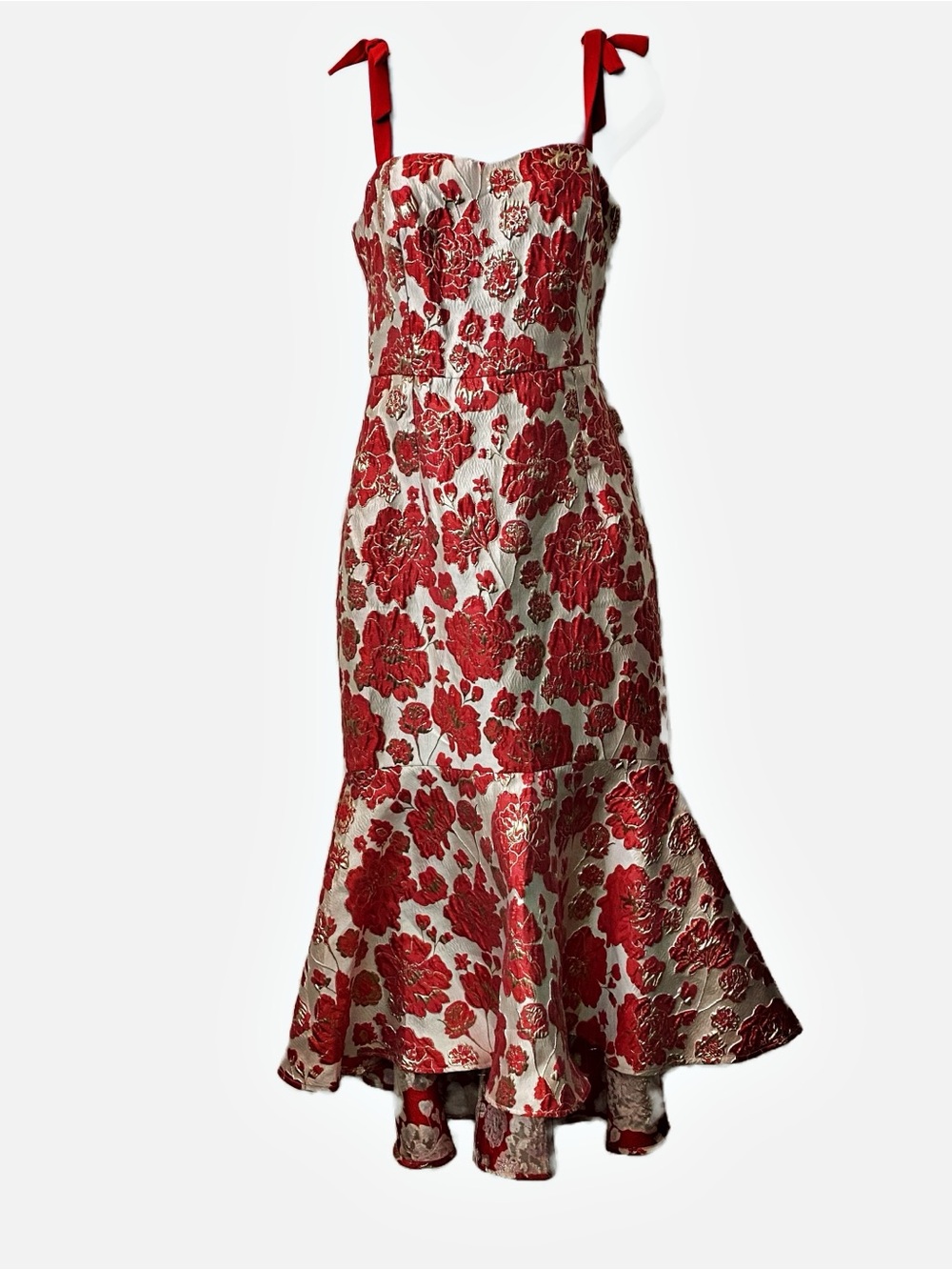 MOTF, floral mermaid hem cocktail dress red and white metallic party engagement